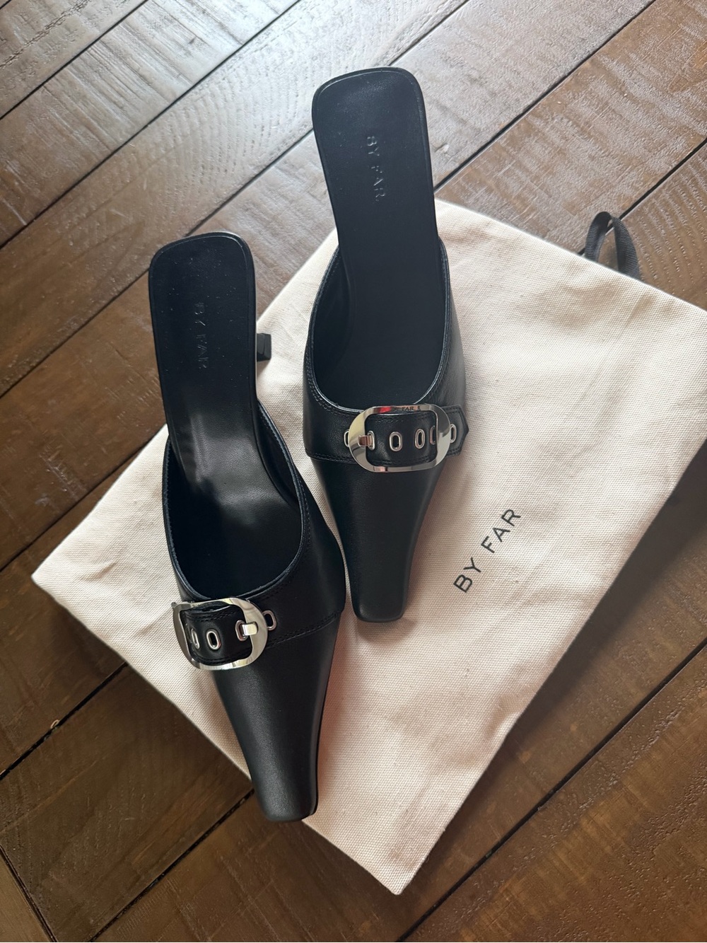 BY FAR Black Leather Mules with Silver Buckle